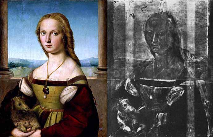 Raphael, Lady with a Unicorn - the painting alongside its X-ray, revealing the hidden composition beneath